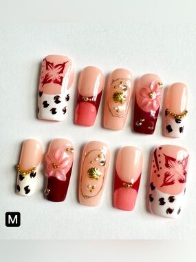 Peach & Wine Red 3D Floral Accent Press On Nails